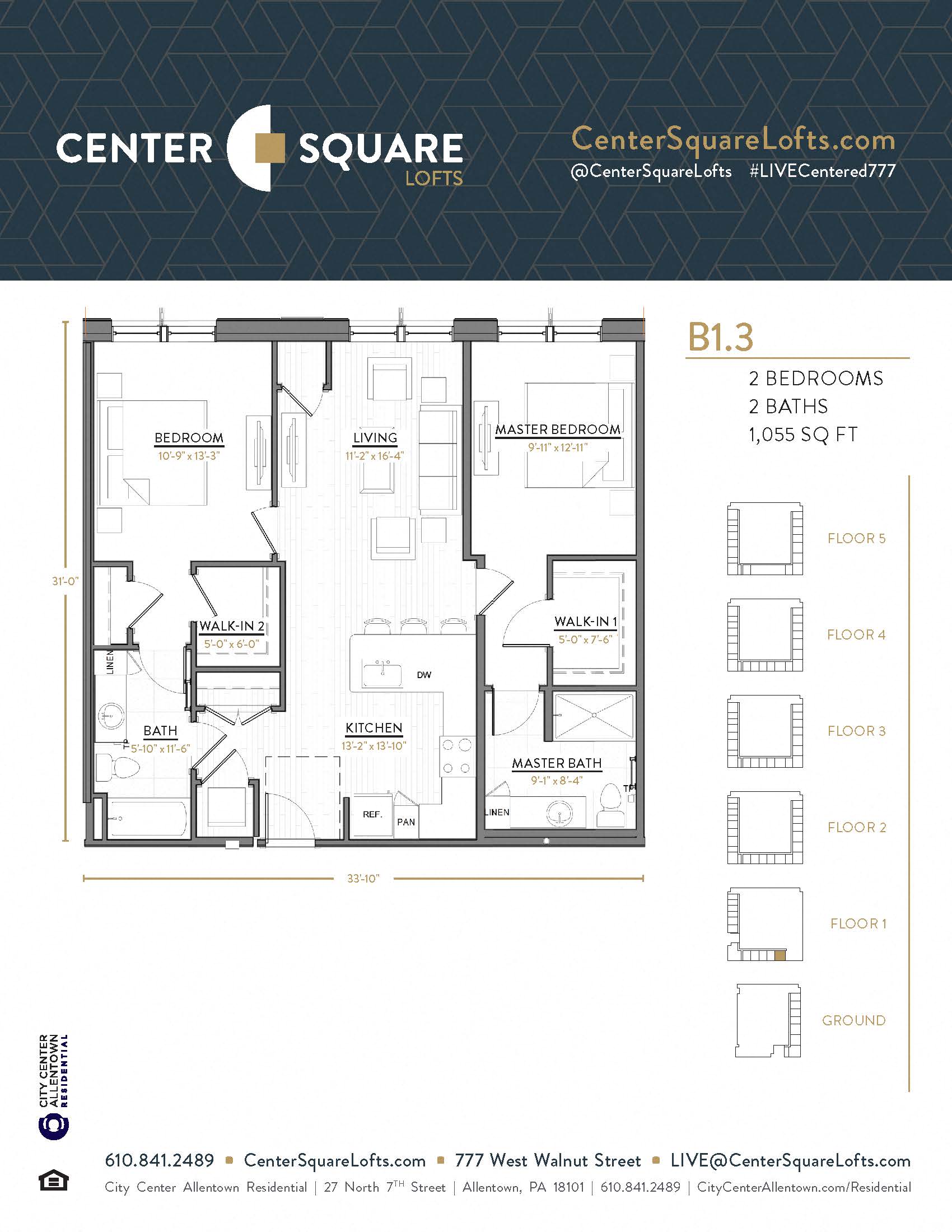 Floor plan for 2 beds, 2 baths, 1055 sqft
